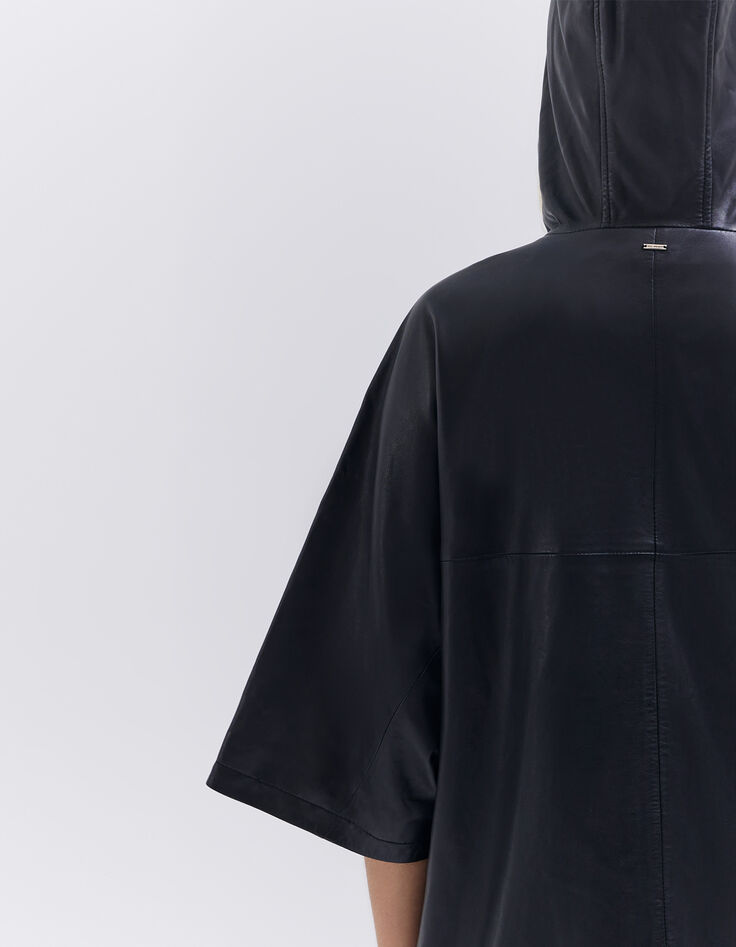Women’s black cape-style leather jacket with hood-7