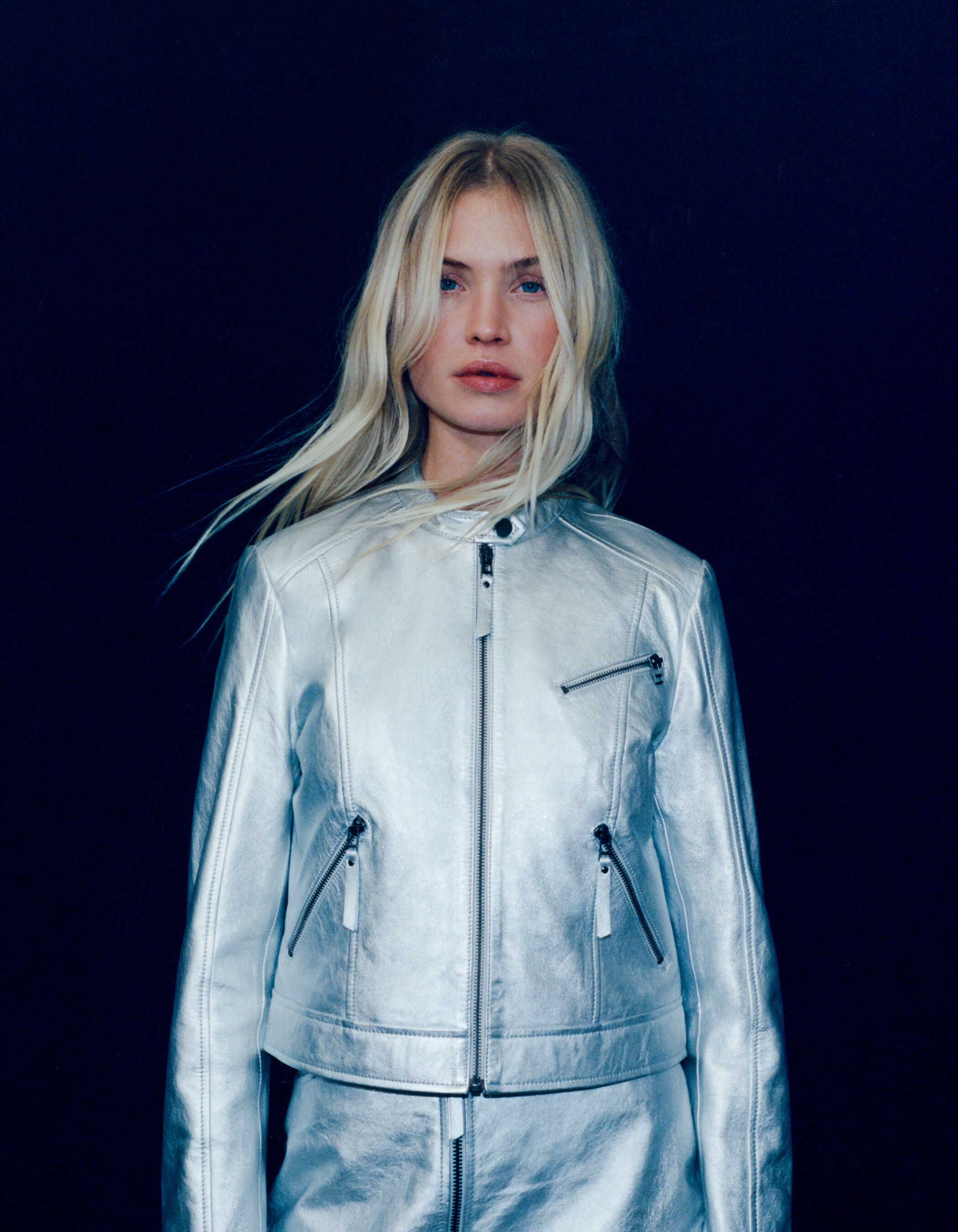 Women s silver leather zipped jacket IKKS