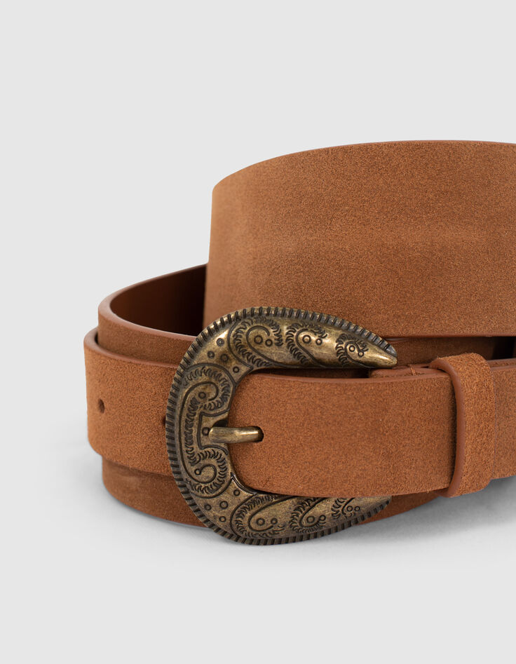Ceinture en cuir suédé camel boucle western femme-2