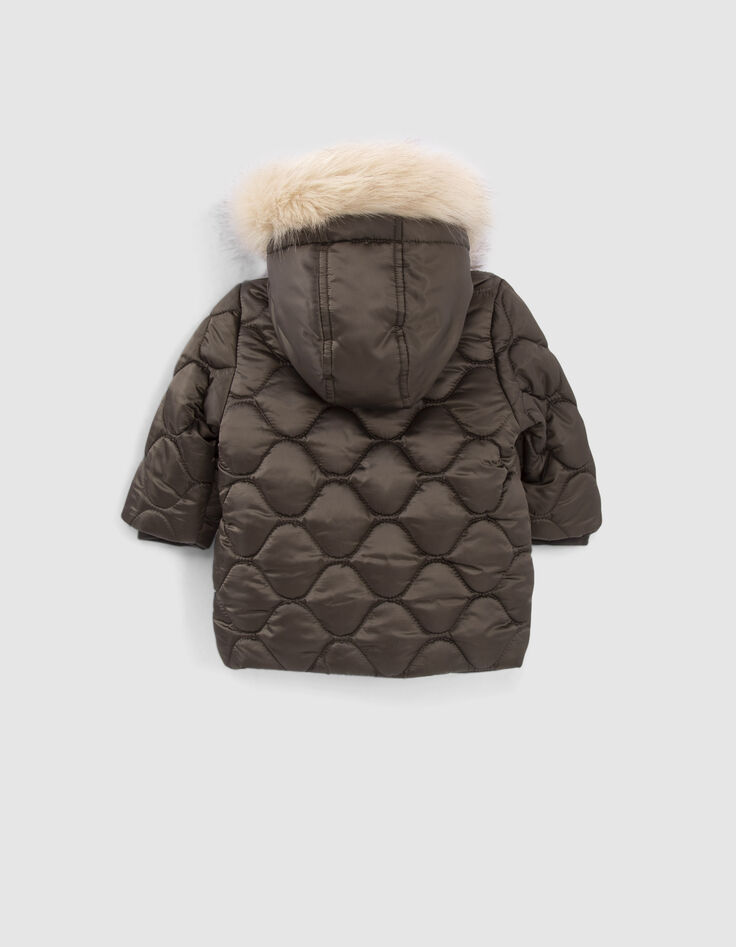 Kaki gevoerde en doorstikte parka met kap babymeisjes-3