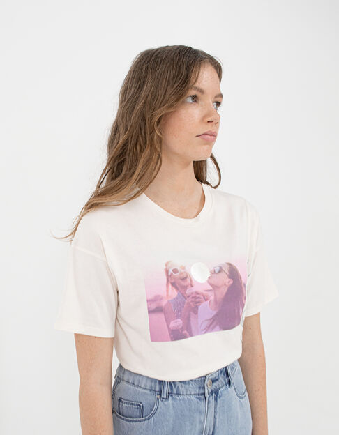 Girls’ ecru girls and bubble gum organic cotton T-shirt