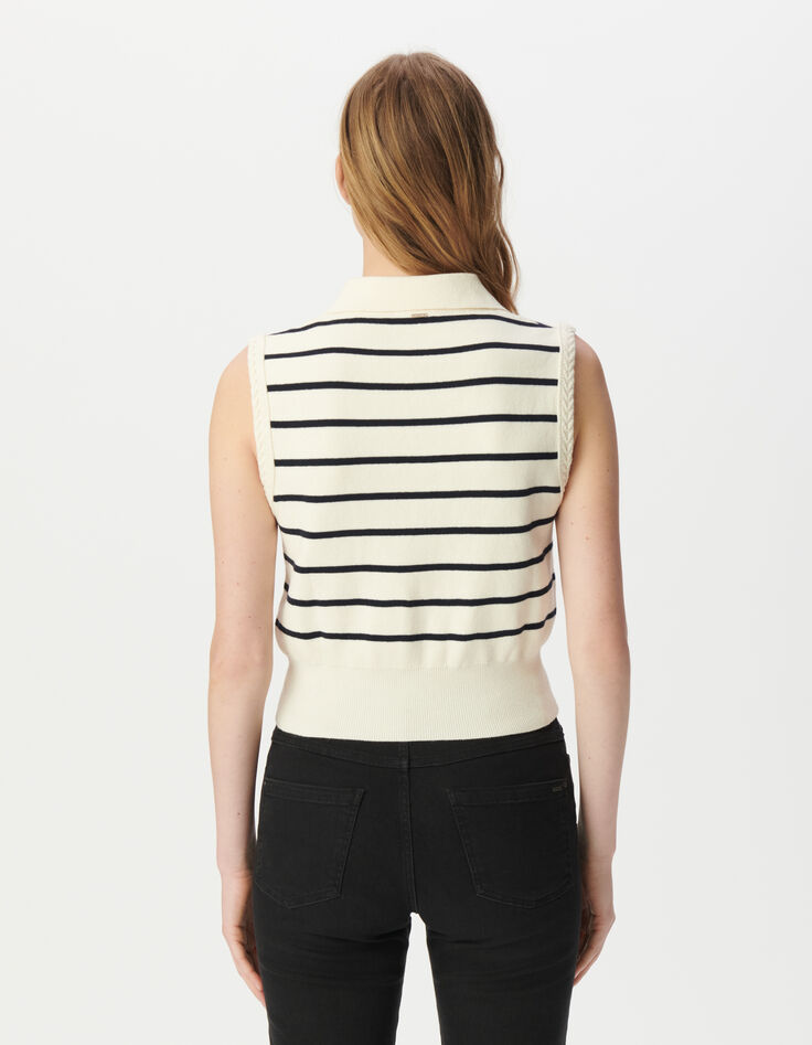 Pull polo blanc tricot rayures marine Femme-3