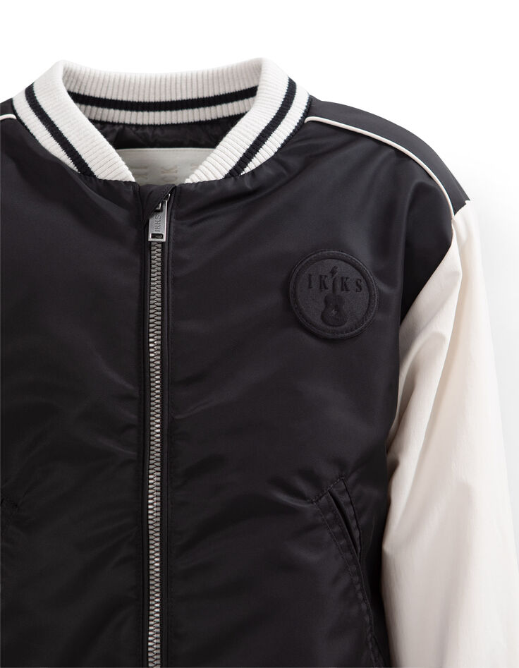 Boys’ black Varsity jacket, ecru sleeves, embroidered back-4