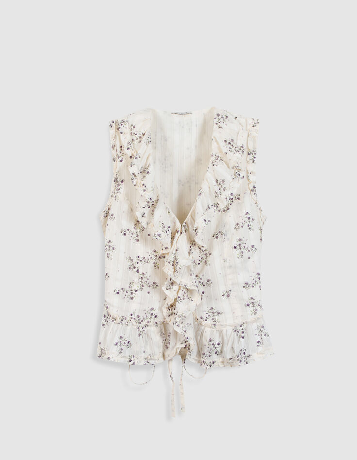 Ecru floral sleeveless top with ruffles for women-5