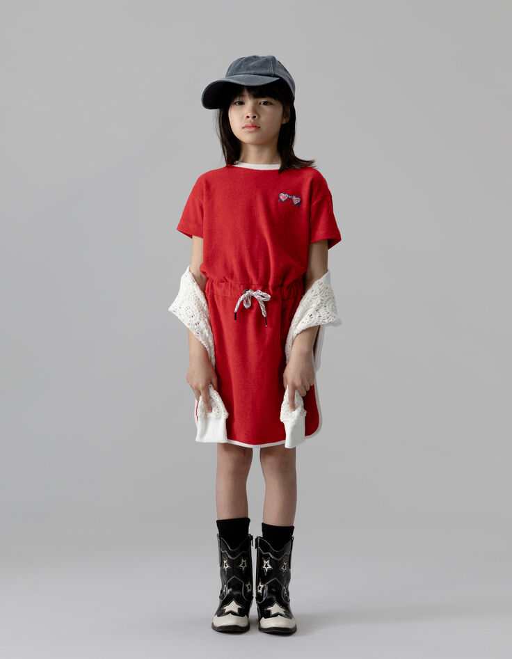 Girls’ red terry cloth dress with drawstring waist-3 Girls’ red terry cloth dress with drawstring waist-3