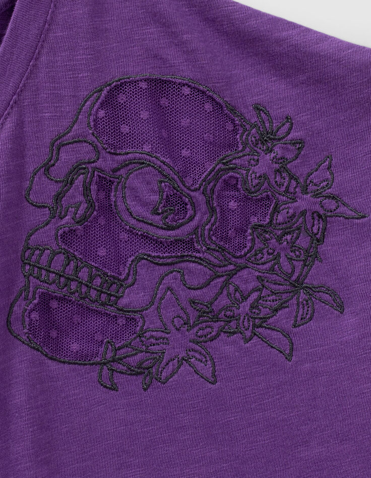 Violettes Damen-T-Shirt mit Totenkopfstickerei und T&uuml;ll-2