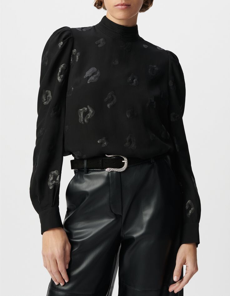 Blouse manche longue noire motif l&eacute;opard brod&eacute; sequins Femme-5