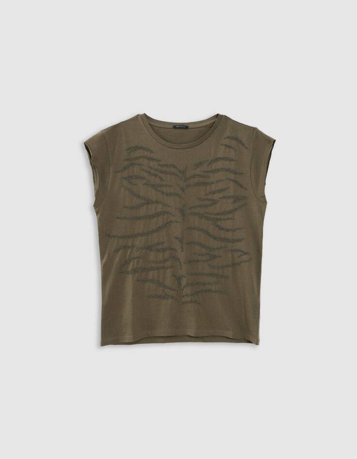Khaki T-Shirt, Rundhals, Stick, Perlen-6