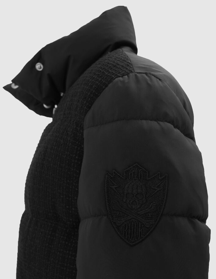 Women’s black mixed fabric short padded jacket with badge - IKKS