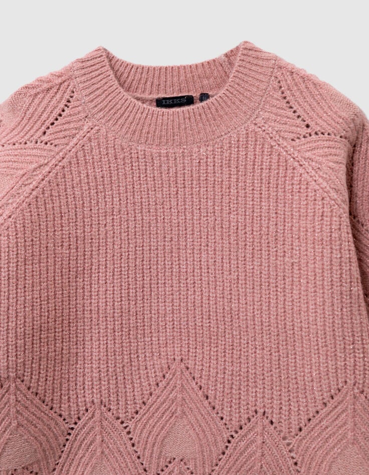 Girls’ pink knit sweater with jacquard sleeves-7 Girls’ pink knit sweater with jacquard sleeves-7