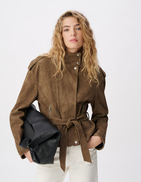 Cazadora de piel de ante beige con cintur&oacute;n para mujer - IKKS