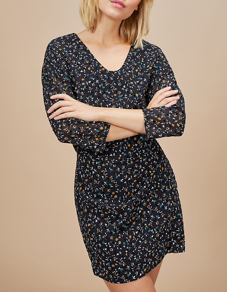 Robe noire imprimé fleurettes floqué pois velours I.Code-2 Robe noire imprimé fleurettes floqué pois velours I.Code-2