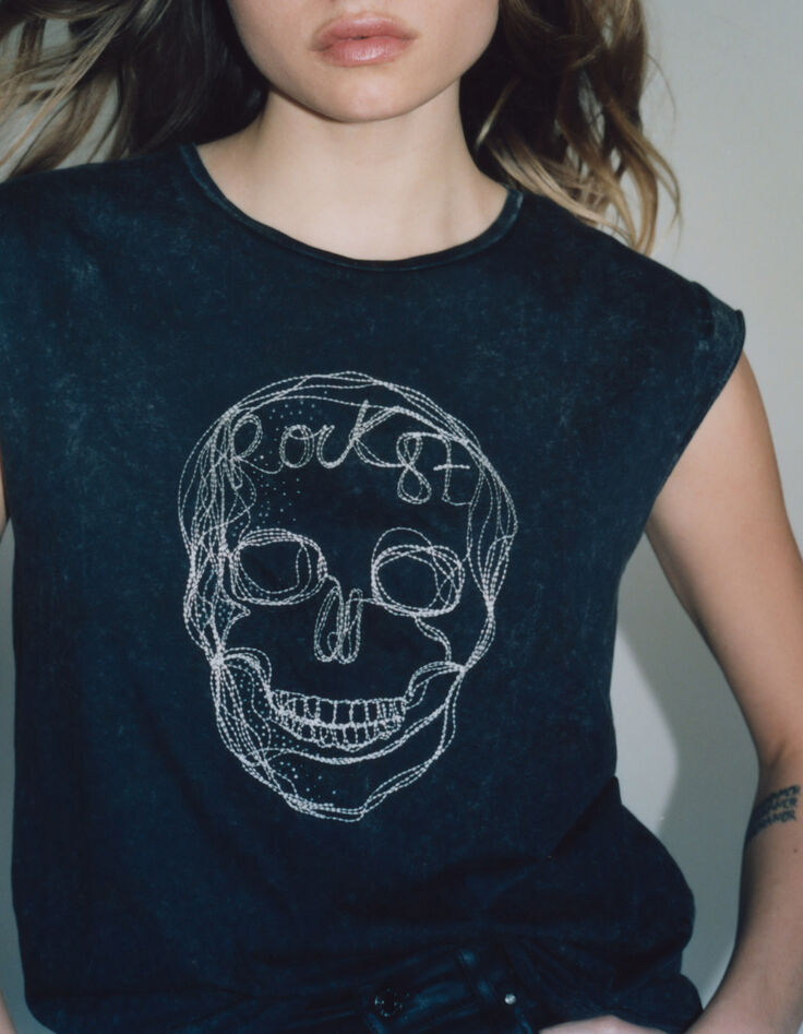 Tee-shirt gris t&ecirc;te de mort brod&eacute;e fils et strass Femme-7