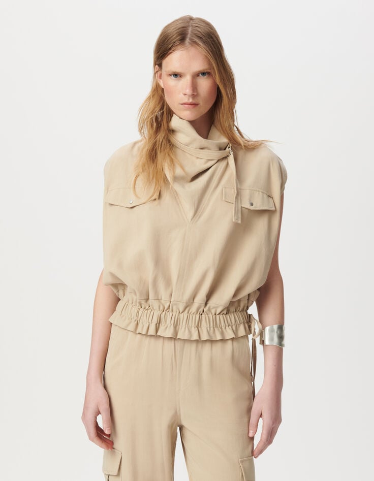 Top sans manches beige col montant bas élastiqué Femme-2 Top sans manches beige col montant bas élastiqué Femme-2