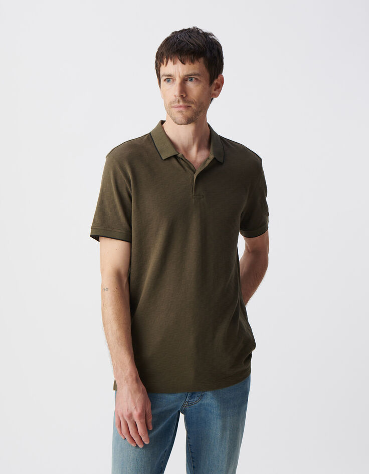 Polo caqui algodón punto jacquard relieve damero hombre-1