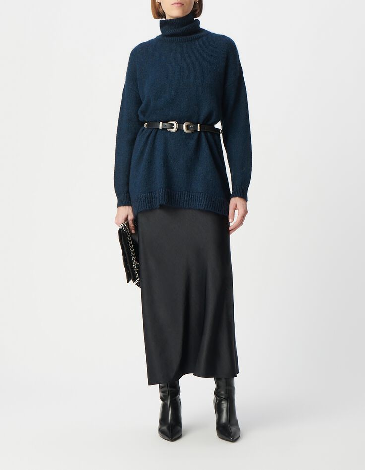 Women's navy rib-knit turtleneck sweater with lurex trim-2