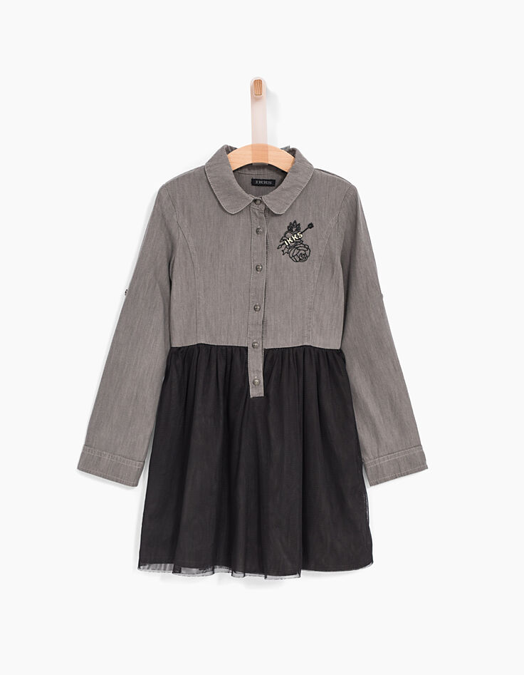 Robe-chemise grise en denim et tulle noir fille-2