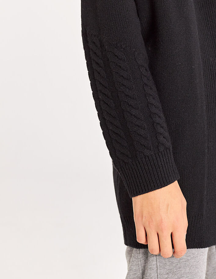Cardigan mi-long noir en 100% laine torsades poignets femme - IKKS