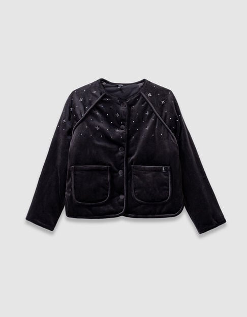 Zwart doorstikt velours vest geborduurd meisjes - IKKS