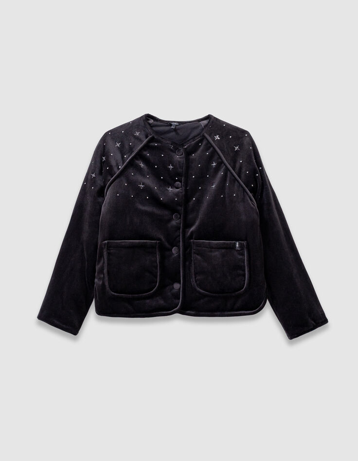 Cardigan noir velours matelassé brodé fille-4 Cardigan noir velours matelassé brodé fille-4
