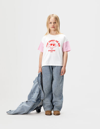 Girls’ white short-sleeved T-shirt with pink stripes - IKKS