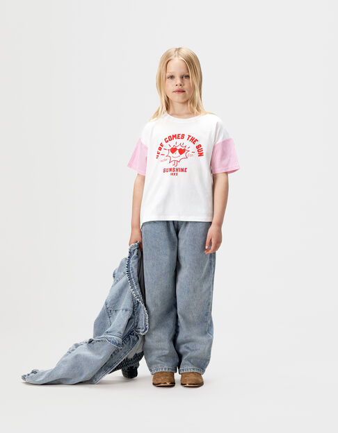 Weißes Mädchen-T-Shirt kurze Ärmel rosa Streifen - IKKS