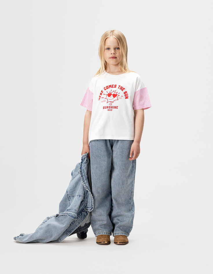 Girls’ white short-sleeved T-shirt with pink stripes-1
