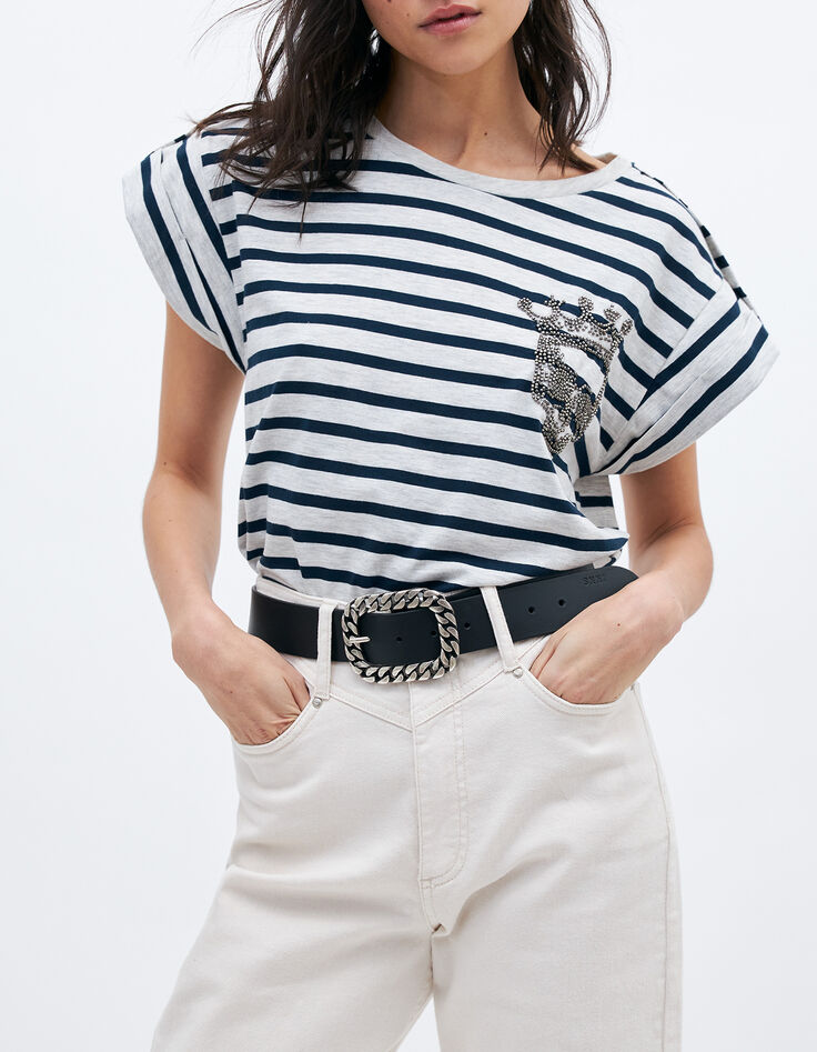 Women’s ecru embroidered skull sailor-stripe T-shirt-1 Women’s ecru embroidered skull sailor-stripe T-shirt-1