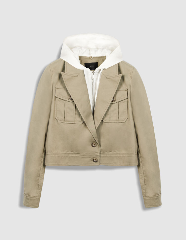 Kurze gr&uuml;ne Jacke f&uuml;r Damen mit abnehmbarer Kapuze aus wei&szlig;em Satin-6