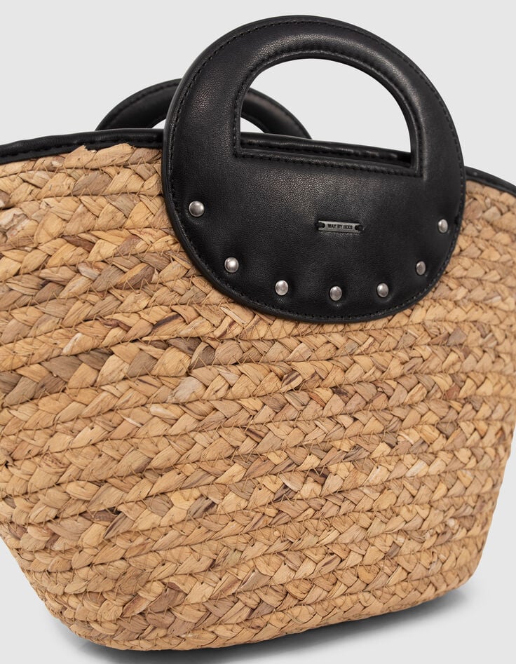 Girls&rsquo; beige straw basket with black studs-4