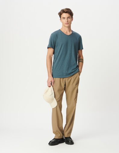 T-shirt encolure V bleu grisé coton bio flammé Homme - IKKS