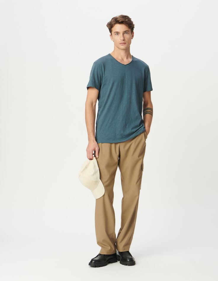 T-shirt encolure V bleu grisé coton bio flammé Homme-1 T-shirt encolure V bleu grisé coton bio flammé Homme-1