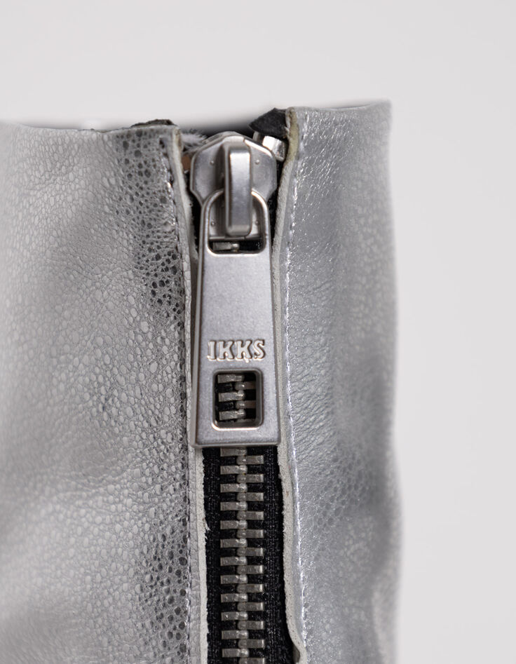 Women's silver leather zipped heeled boots-6