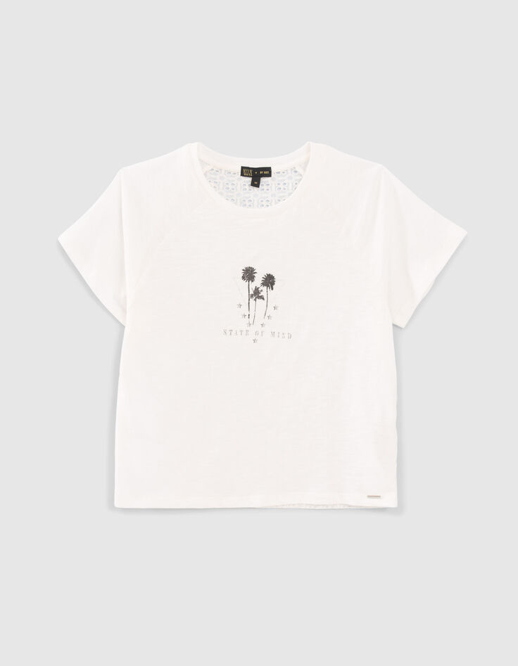 T-shirt blanc bi-mati&egrave;re dos dentelle fille-1