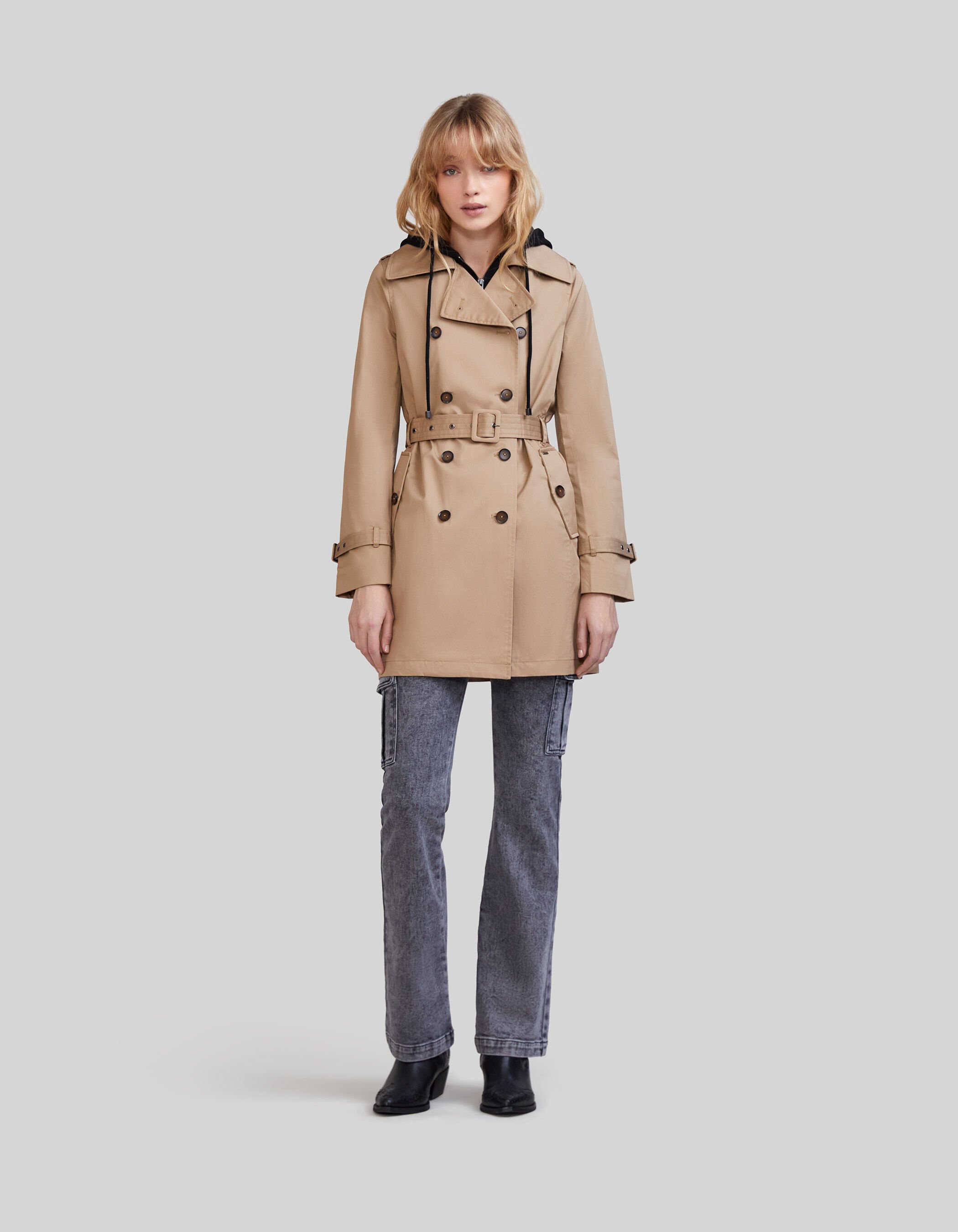 Trench capuche et parementure amovibles femme