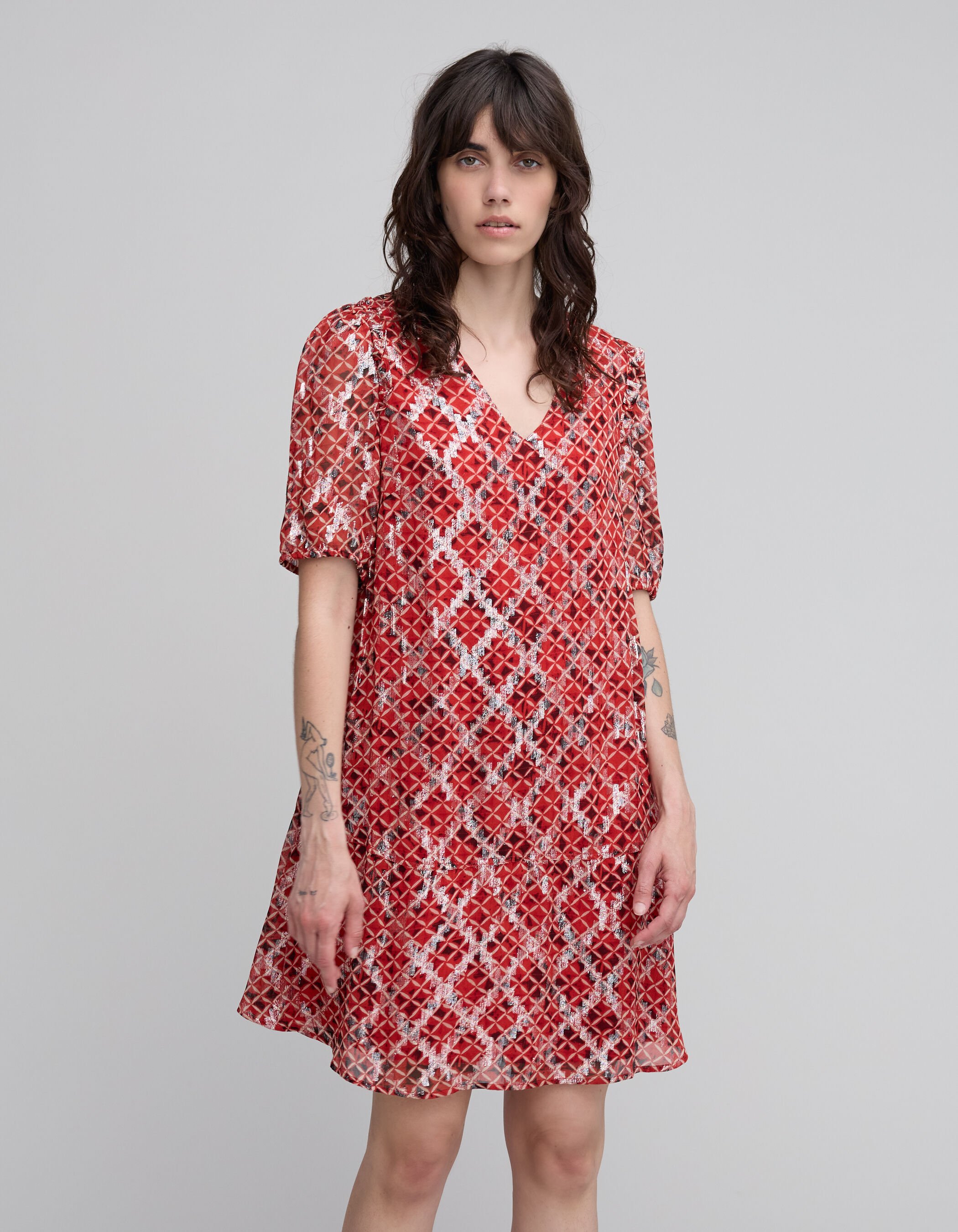 Robe courte en voile rouge imprime Trellis femme IKKS