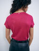 Bessenrood T-shirt V-hals in iriserend linnen Dames-3