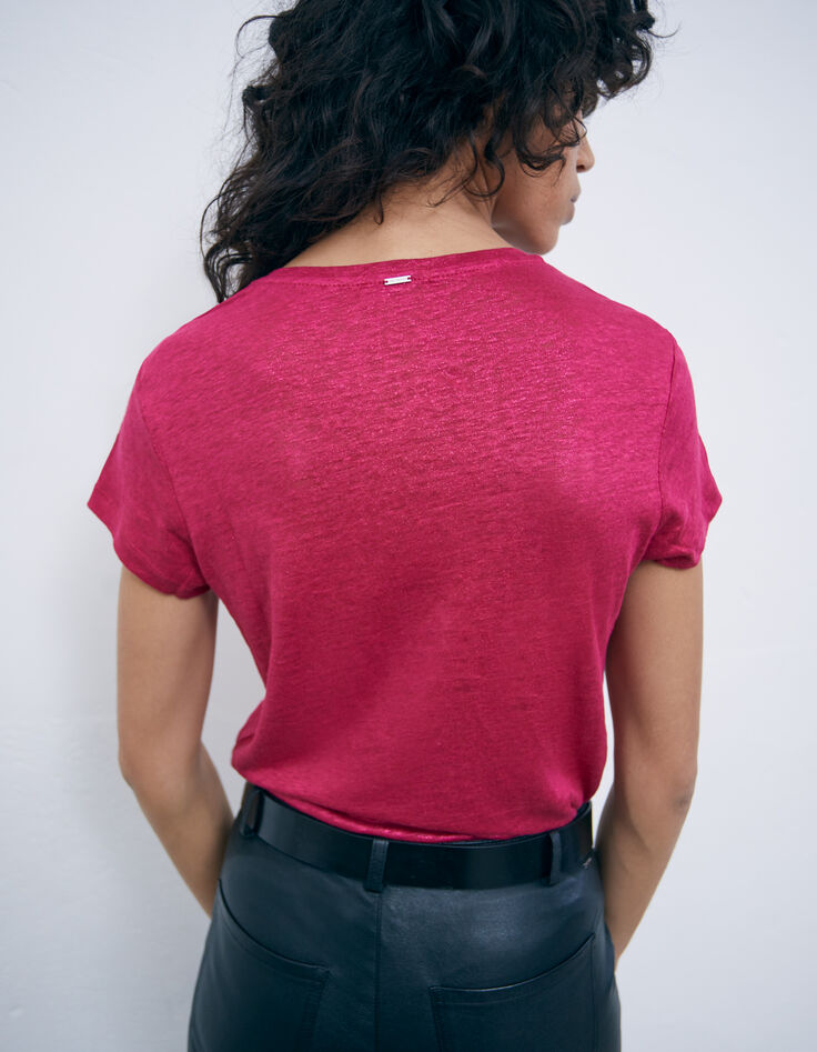 Women’s redcurrant iridescent linen V-neck T-shirt-3 Women’s redcurrant iridescent linen V-neck T-shirt-3