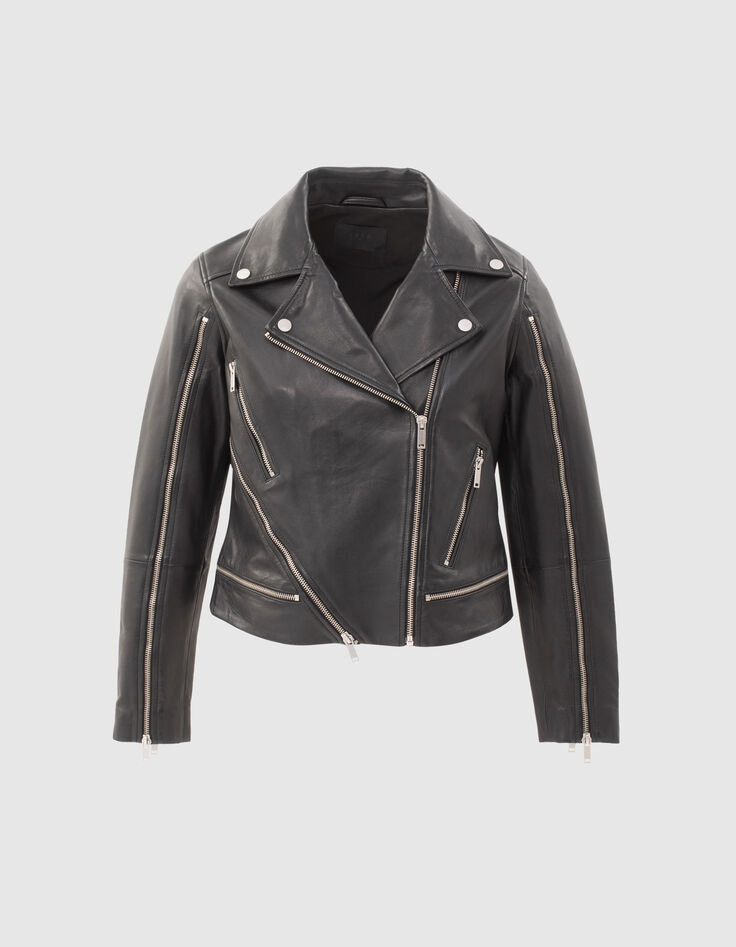 Veste en cuir noir esprit motard multi zips Femme-8
