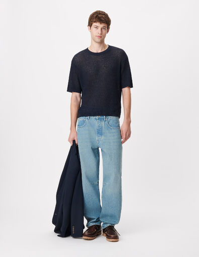Pull manches courtes marine tricot ajour&eacute; Homme - IKKS