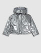 Grey metallic padded jacket with removable hood for girl-4