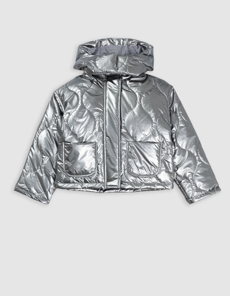 Grey metallic padded jacket with removable hood for girl-4