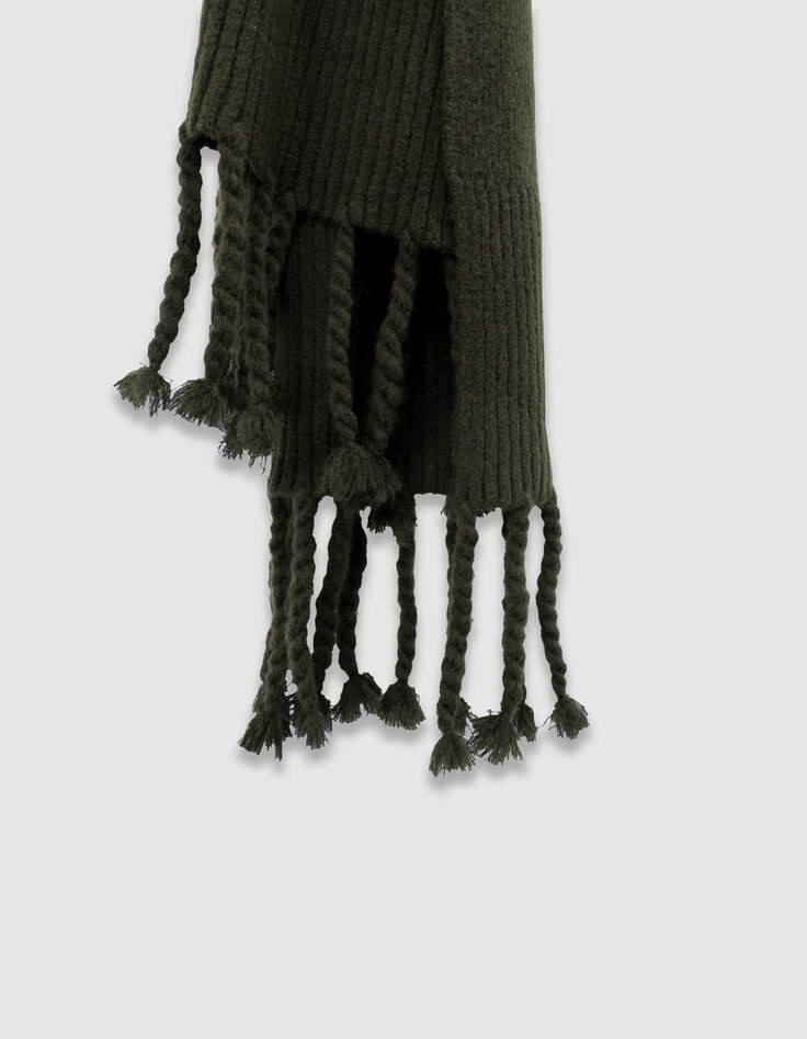 Echarpe kaki tricot à franges Femme-2 Echarpe kaki tricot à franges Femme-2