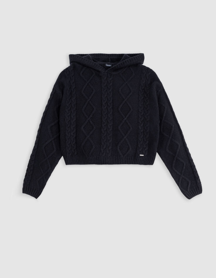 Schwarzer Zopfstrick-Kapuzenpullover für Mädchen-1