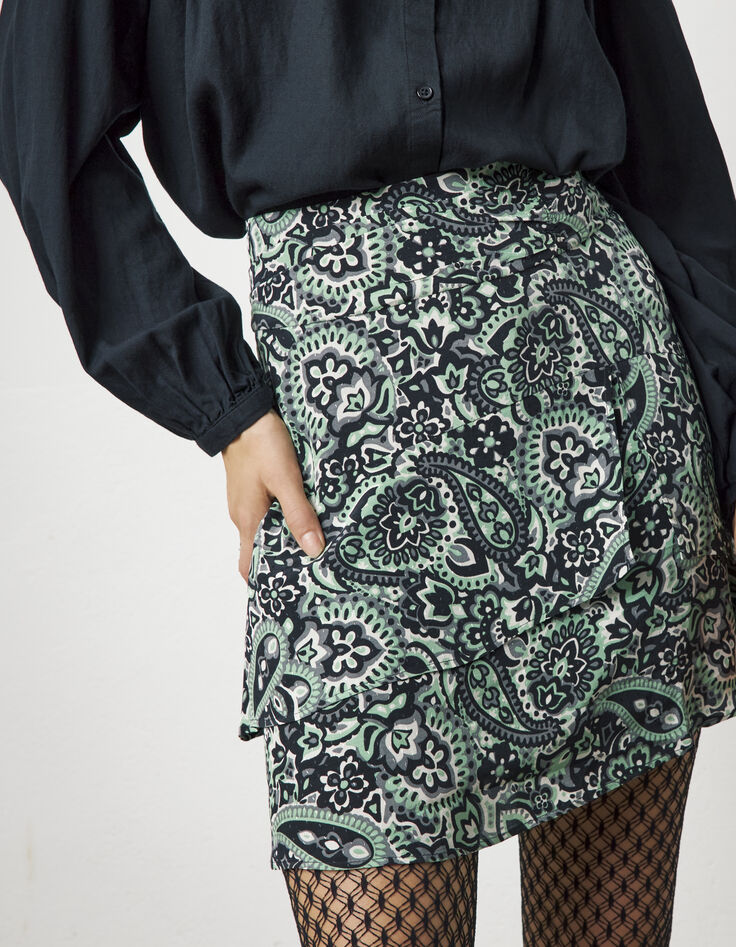 Falda drapeada volantes estampado cachemira verde mujer-6