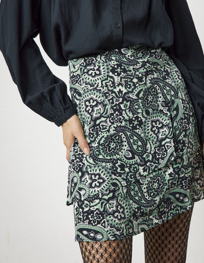 Grüner, drapierter Damenrüschenrock mit Paisleyprint - IKKS