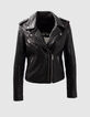 Women's black woven leather biker-style jacket with beads-7
