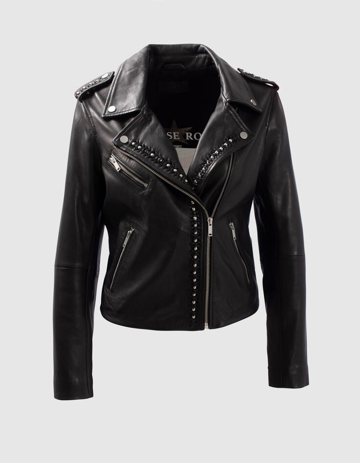 Women's black woven leather biker-style jacket with beads-7