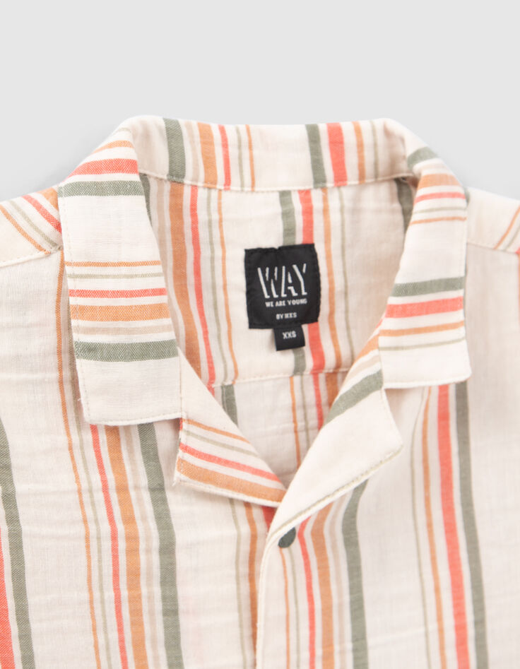 Chemise blanc cassé rayures kaki et orange garçon-2