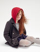 Girls’ grey coat, removable red sweatshirt fabric hood-1